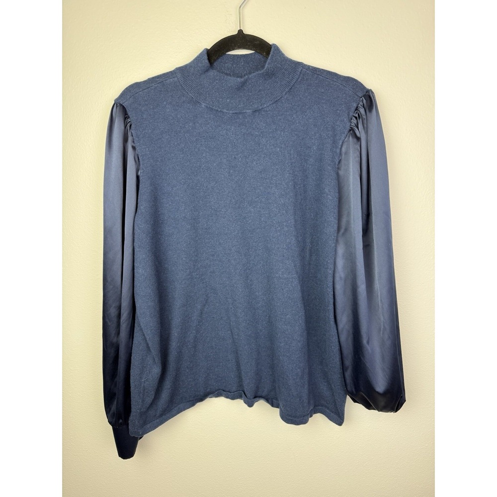 Chicos‎ Navy Blue Soft Stretch Mock Neck Satin Sleeve Sweater Size 3/XL Cashmere